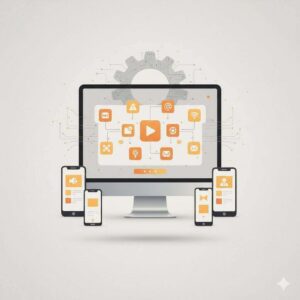 A minimalist illustration of computer screen surrounded with smart phones on the side. 