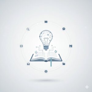 An illustration showing a bulb over a book that indicates a knowledge base meaning.