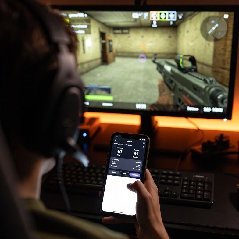 gamer reviewing CS2 stats on a mobile app while playing on a PC setup